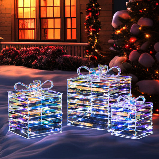 Set of 3 Christmas Lighted Gift Boxes with Bows and Plug - Color: White