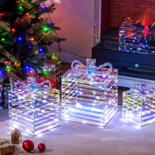 Set of 3 Christmas Lighted Gift Boxes with Bows and Plug - Color: White