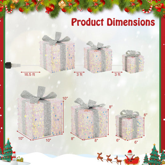 Set of 3 Christmas Lighted Gift Boxes with Pre-lit 90 LED Light and Bows - Color: White