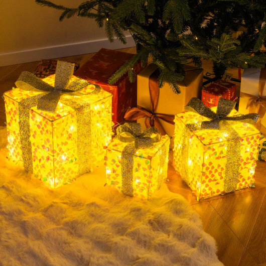 Set of 3 Christmas Lighted Gift Boxes with Pre-lit 90 LED Light and Bows