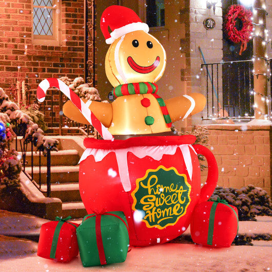 7 Feet Inflatable Gingerbread Man in Hot Cocoa Mug with Built-in LED Lights and Gift Boxes - Color: Multicolor - Size: 7 ft