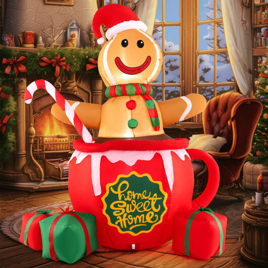 7 Feet Inflatable Gingerbread Man in Hot Cocoa Mug with Built-in LED Lights and Gift Boxes - Color: Multicolor - Size: 7 ft