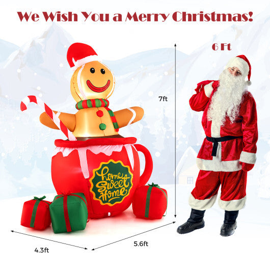 7 Feet Inflatable Gingerbread Man in Hot Cocoa Mug with Built-in LED Lights and Gift Boxes - Color: Multicolor - Size: 7 ft