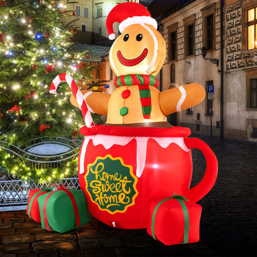 7 Feet Inflatable Gingerbread Man in Hot Cocoa Mug with Built-in LED Lights and Gift Boxes - Color: Multicolor - Size: 7 ft