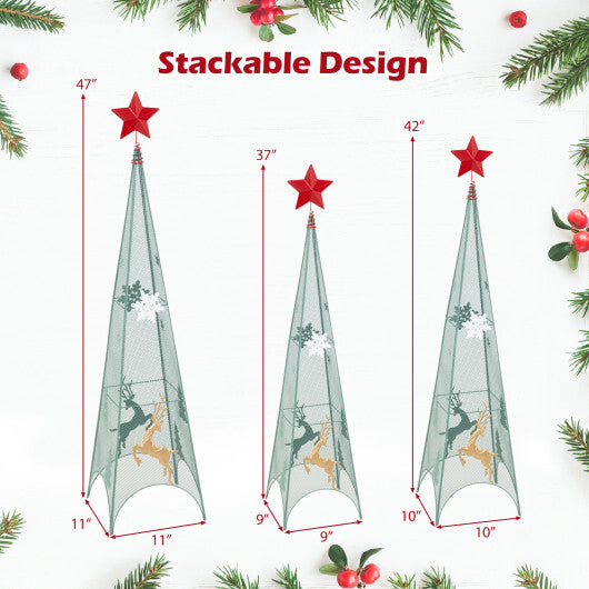 3/3.5/4 Feet Set of 3 Tower Shaped Christmas Trees with Removable Star Toppers - Color: Multicolor - Size: 3/3.5/4 ft