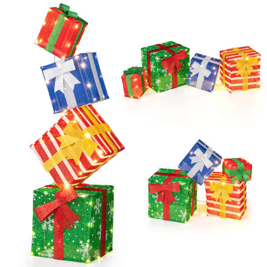 48 Inches Lighted Stacked Gift Boxes with Built-in LED Lights and Decorative Bows - Color: Multicolor