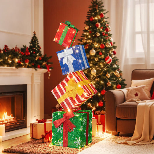 48 Inches Lighted Stacked Gift Boxes with Built-in LED Lights and Decorative Bows - Color: Multicolor