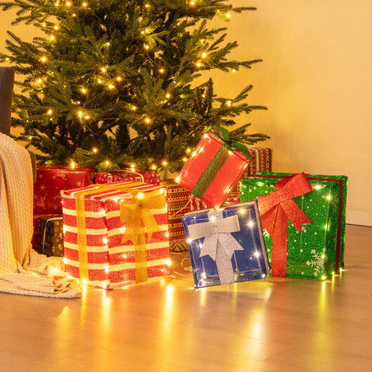 48 Inches Lighted Stacked Gift Boxes with Built-in LED Lights and Decorative Bows - Color: Multicolor