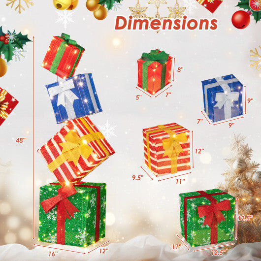 48 Inches Lighted Stacked Gift Boxes with Built-in LED Lights and Decorative Bows - Color: Multicolor