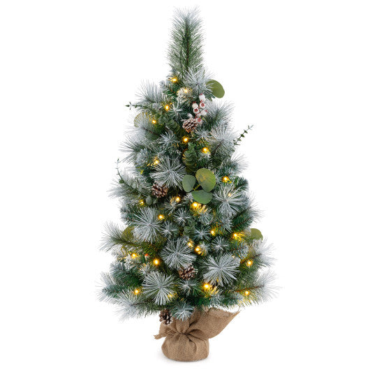 3 FT Pre-Lit Artificial Mini Christmas Tree with 98 Flocked PVC and Pine Needles - Color: Green - Size: 3 ft