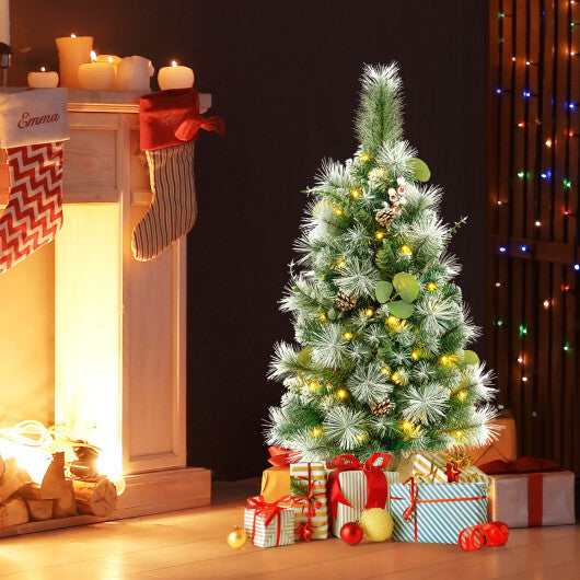 3 FT Pre-Lit Artificial Mini Christmas Tree with 98 Flocked PVC and Pine Needles - Color: Green - Size: 3 ft
