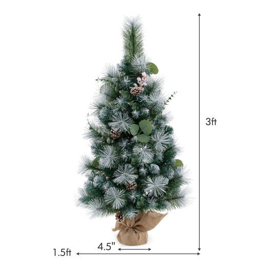 3 FT Pre-Lit Artificial Mini Christmas Tree with 98 Flocked PVC and Pine Needles - Color: Green - Size: 3 ft