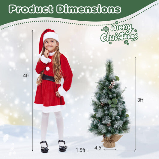 3 FT Pre-Lit Artificial Mini Christmas Tree with 98 Flocked PVC and Pine Needles - Color: Green - Size: 3 ft