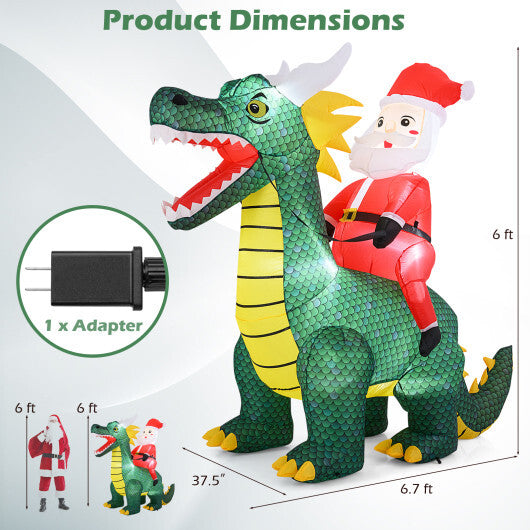 6.7 Feet Christmas Inflatable Santa Claus Ride on Dinosaur with Built-in LED Lights - Color: Green