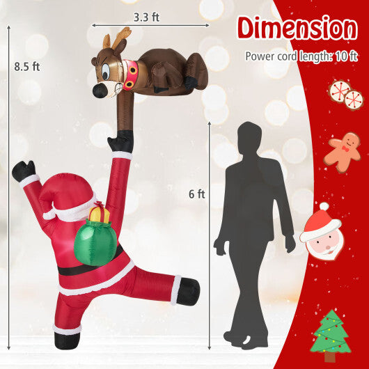 8.5 Feet Christmas Inflatable Reindeer and Climbing Santa Claus with Built-in LED Lights - Color: Multicolor