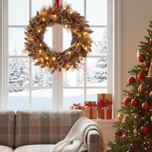 24 Inch Pre-lit Christmas Wreath with 105 Branch Tips and 35 Warm White LED Lights-1 piece - Size: Set of 1