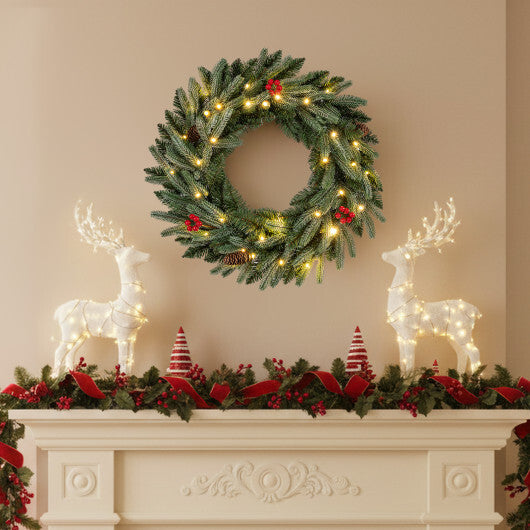 24" Pre-lit Christmas Wreath Front Door Artificial Xmas Wreath with 90 Frosted Branch Tips