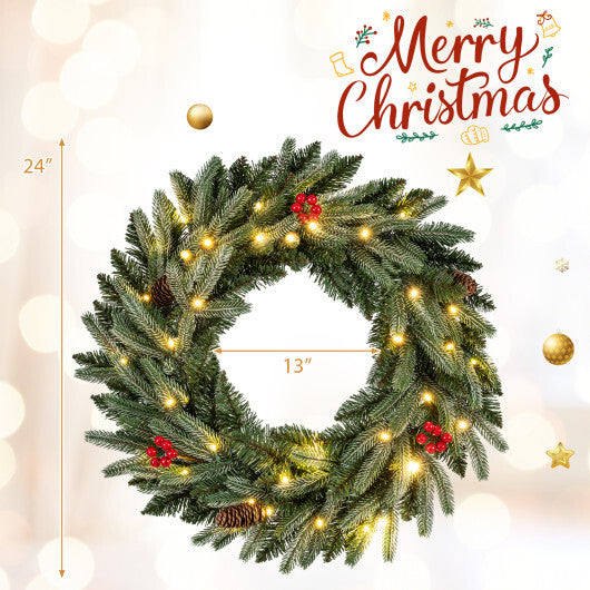 24" Pre-lit Christmas Wreath Front Door Artificial Xmas Wreath with 90 Frosted Branch Tips