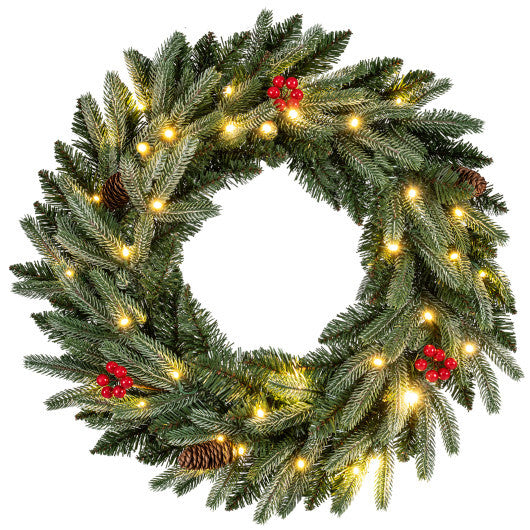 24" Pre-lit Christmas Wreath Front Door Artificial Xmas Wreath with 90 Frosted Branch Tips