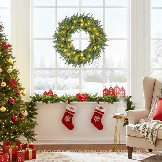 24 Inch Pre-lit Christmas Wreath with 108 Branch Tips and 35 Warm White LED Lights for Wall Window-1 piece - Size: Set of 1