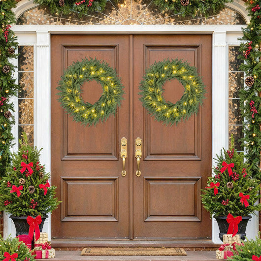 24 Inch Pre-lit Christmas Wreath with 108 Branch Tips and 35 Warm White LED Lights for Wall Window-1 piece - Size: Set of 1