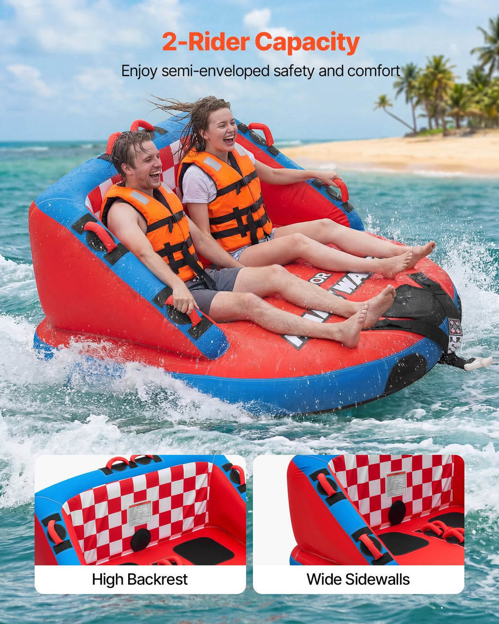 Towable Tubes for Boating, 2-Rider Inflatable Towable Tube for Boat to Pull, 340 lbs Capacity Water Sports Boating Tubes - with Full Nylon Cover, Dual Tow Points, Safety Valve & Padded Handles