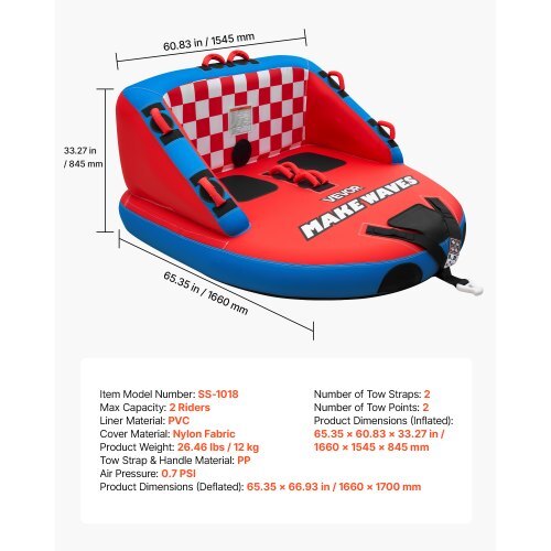 Towable Tubes for Boating, 2-Rider Inflatable Towable Tube for Boat to Pull, 340 lbs Capacity Water Sports Boating Tubes - with Full Nylon Cover, Dual Tow Points, Safety Valve & Padded Handles
