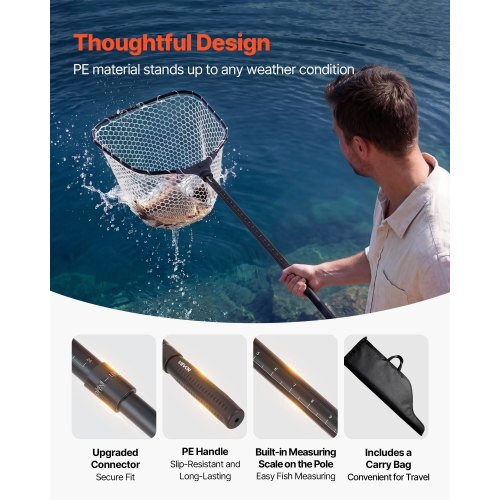 Fishing Net, Foldable Landing Nets with Telescopic Handle and Built in Length Scale, Lightweight and Stronger 6063 Aluminum Fish Gear, Soft Silicone Mesh, Holds up to 30 lbs, for Kayak Boat Bank