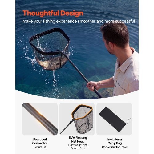 Fishing Net, Foldable Landing Nets with Telescopic Handle, Portable Lightweight Carbon Fiber Long Fish Gear, Nylon Covered PVC, Durable and Fish-friendly, for Kayak Boat Bank Pond, Gifts for Men