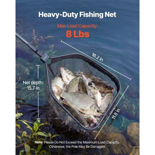 Fishing Net, Foldable Landing Nets with Telescopic Handle, Portable Lightweight Carbon Fiber Long Fish Gear, Nylon Covered PVC, Durable and Fish-friendly, for Kayak Boat Bank Pond, Gifts for Men