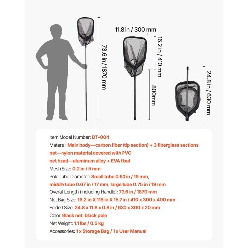 Fishing Net, Foldable Landing Nets with Telescopic Handle, Portable Lightweight Carbon Fiber Long Fish Gear, Nylon Covered PVC, Durable and Fish-friendly, for Kayak Boat Bank Pond, Gifts for Men