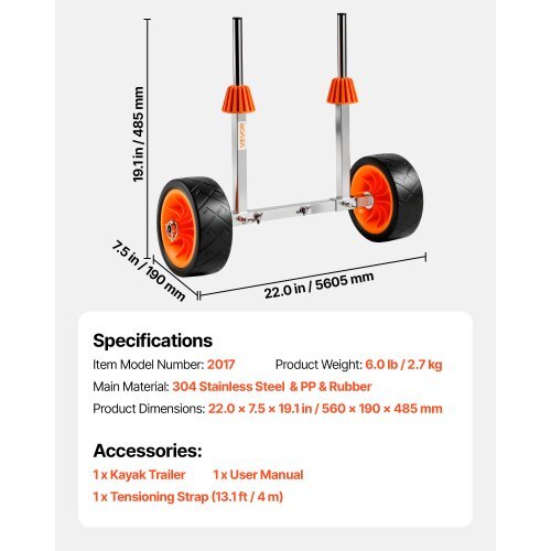 Kayak Cart, 250 lbs Load Capacity, Canoe Cart Dolly with 7.5-inch Solid Rubber Tires & Kickstand, Assembles & Disassembles Within Seconds, Paddle Board Trolley for Kayaks, Canoes, Paddleboards