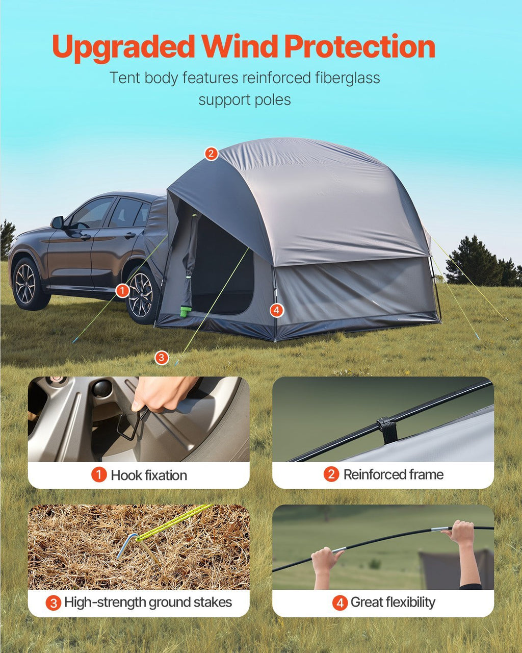 SUV Tent for Camping, 8FT L x 8FT W, Waterproof PU2000mm Spacious Double Layer Design for 5-8 Person, SUV Camping Tent with Mesh Windows, Includes Rainfly & Storage Bag, for Outdoor Activities