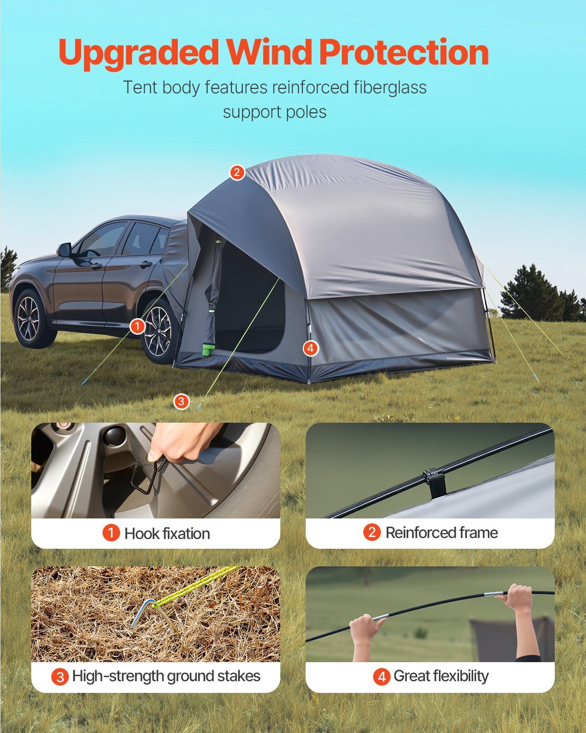 SUV Tent for Camping, 8FT L x 8FT W, Waterproof PU2000mm Spacious Double Layer Design for 5-8 Person, SUV Camping Tent with Mesh Windows, Includes Rainfly & Storage Bag, for Outdoor Activities