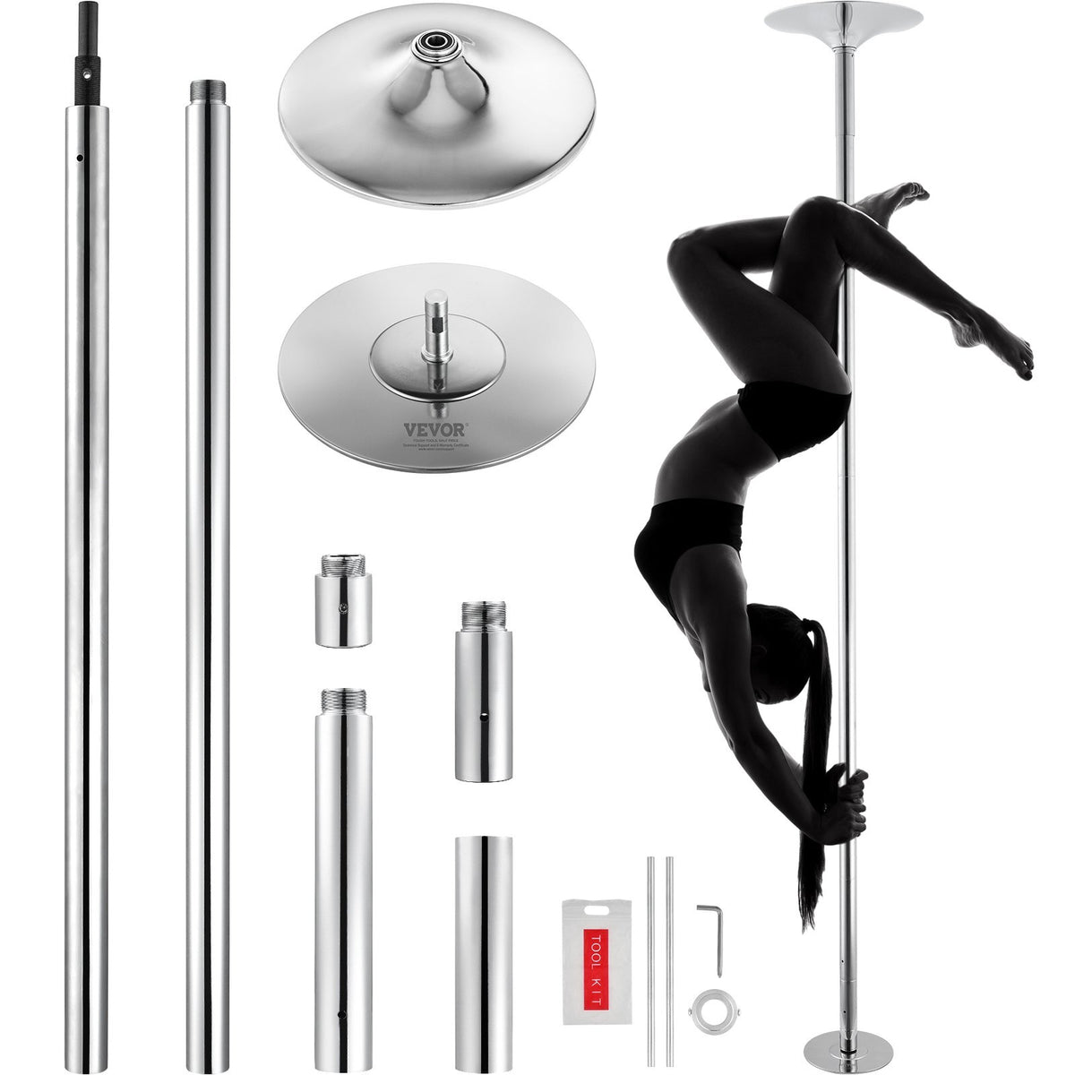 Professional Dancing Pole, Spinning Static Dancing Pole Kit, Portable Removable Pole, 45mm Heavy-Duty Stainless Steel Pole, Height Adjustable Fitness Pole, for Exercise Home Club Gym, Silver