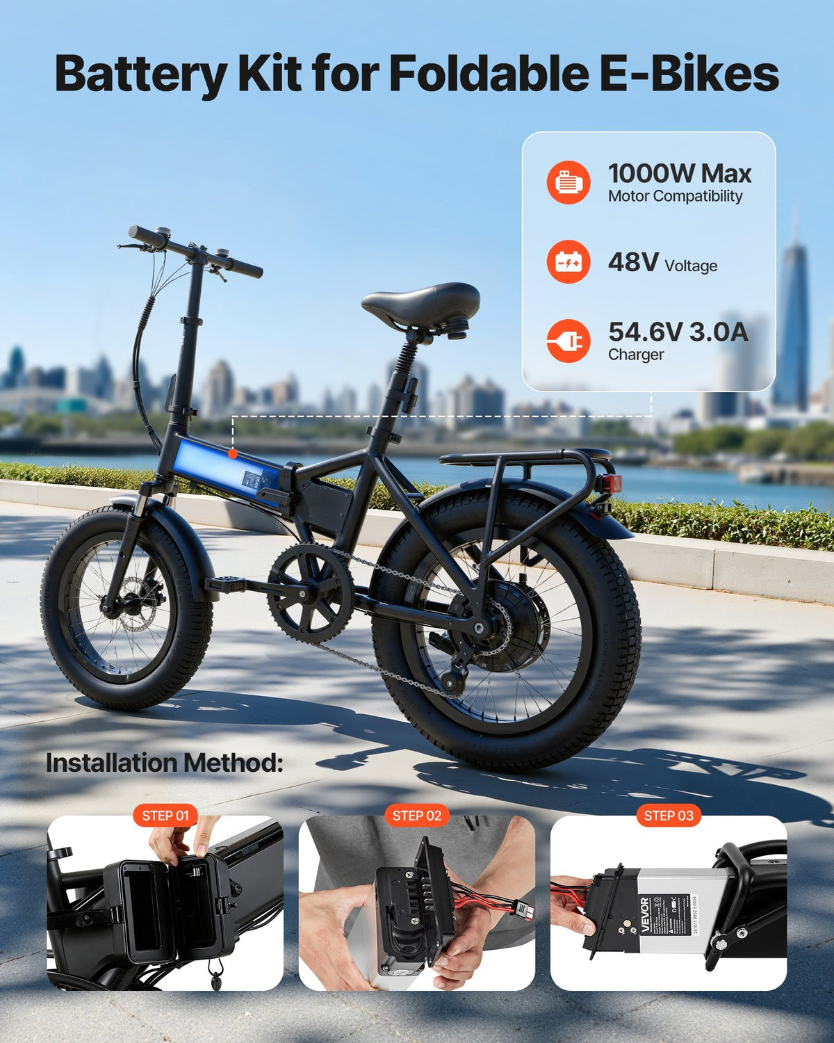 Folding Ebike Battery, 48V 10.4Ah Electric Bike Lithium Battery Pack with BMS, 3A Charger, Lock for 1000W E-Bike Motor, Detachable Electric Bicycle Replacement Kit with Handle & Discharge Socket