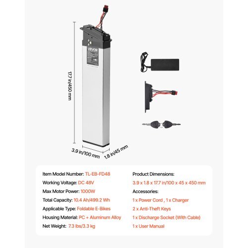 Folding Ebike Battery, 48V 10.4Ah Electric Bike Lithium Battery Pack with BMS, 3A Charger, Lock for 1000W E-Bike Motor, Detachable Electric Bicycle Replacement Kit with Handle & Discharge Socket