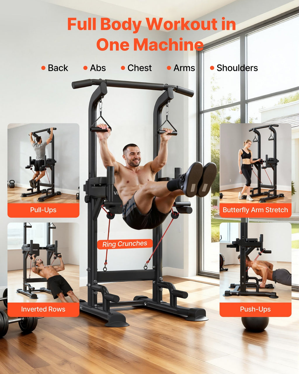 Pull Up Bar, 330 LBS Power Tower Dip Station, Workout Dip Station with H-Shaped Stable Base & Back Pad, Adjustable 12 Level Height Free Standing Chin Up Bar for Back, 4-Level Adjustable Back Pad