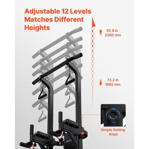 Pull Up Bar, 330 LBS Power Tower Dip Station, Workout Dip Station with H-Shaped Stable Base & Back Pad, Adjustable 12 Level Height Free Standing Chin Up Bar for Back, 4-Level Adjustable Back Pad