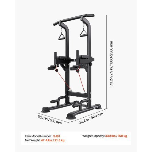 Pull Up Bar, 330 LBS Power Tower Dip Station, Workout Dip Station with H-Shaped Stable Base & Back Pad, Adjustable 12 Level Height Free Standing Chin Up Bar for Back, 4-Level Adjustable Back Pad