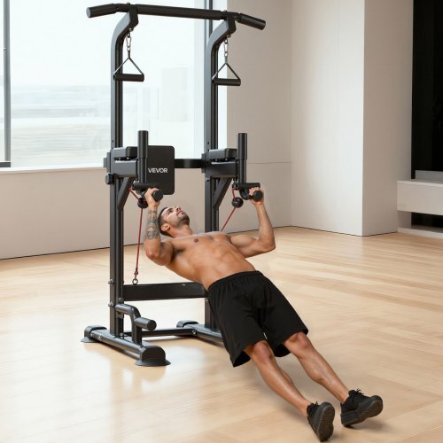 Pull Up Bar, 330 LBS Power Tower Dip Station, Workout Dip Station with H-Shaped Stable Base & Back Pad, Adjustable 12 Level Height Free Standing Chin Up Bar for Back, 4-Level Adjustable Back Pad