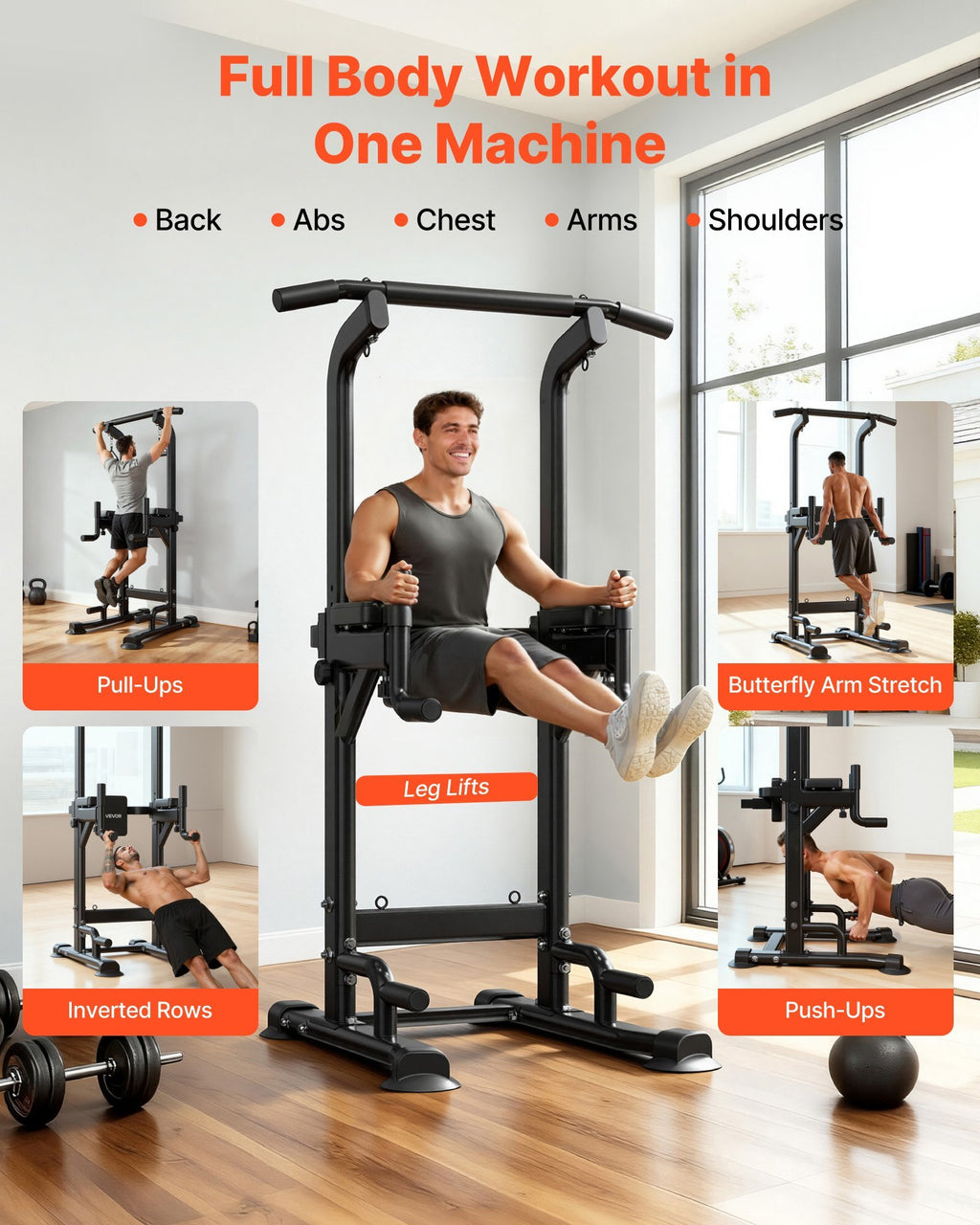 Pull Up Bar, 330 LBS Power Tower Dip Station, Workout Dip Station with H-Shaped Stable Base & Back Pad, Adjustable 12 Level Height Free Standing Chin Up Bar for Back, 4-Level Adjustable Back Pad