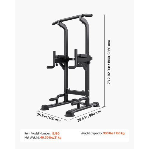 Pull Up Bar, 330 LBS Power Tower Dip Station, Workout Dip Station with H-Shaped Stable Base & Back Pad, Adjustable 12 Level Height Free Standing Chin Up Bar for Back, 4-Level Adjustable Back Pad