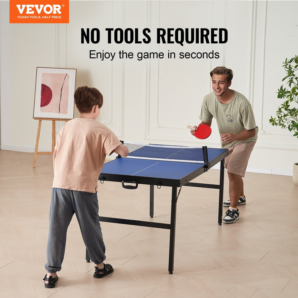 Ping Pong Table, Mid-Size Table Tennis Game, Indoor MDF Table Tennis Table, Foldable Portable Complete Ping Pong Table Set with Net, 2 Paddles, 3 Balls, Carry Bag, Handle (No Assembly Required)