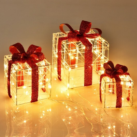 3 Pieces Christmas Lighted Gift Boxes Decorations with 60 LED Lights for Indoor and Outdoor - Color: Red