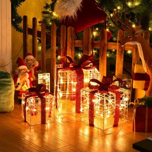 3 Pieces Christmas Lighted Gift Boxes Decorations with 60 LED Lights for Indoor and Outdoor - Color: Red