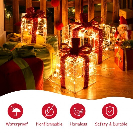 3 Pieces Christmas Lighted Gift Boxes Decorations with 60 LED Lights for Indoor and Outdoor - Color: Red