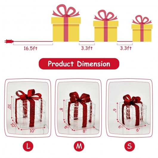 3 Pieces Christmas Lighted Gift Boxes Decorations with 60 LED Lights for Indoor and Outdoor - Color: Red