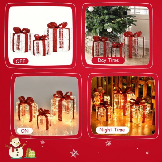 3 Pieces Christmas Lighted Gift Boxes Decorations with 60 LED Lights for Indoor and Outdoor - Color: Red