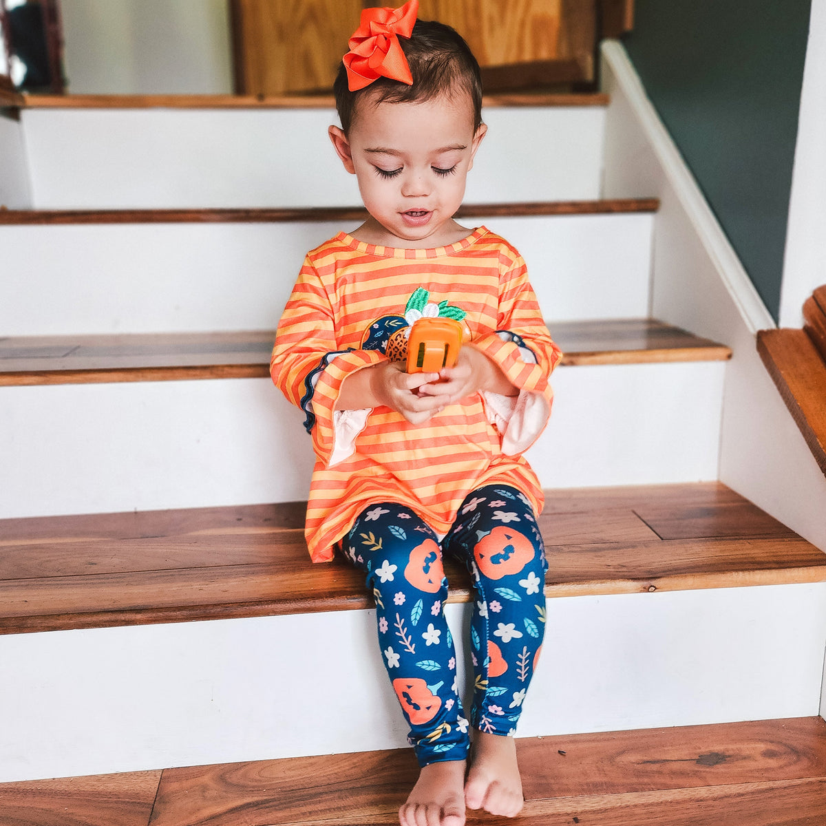 Girls Orange & Blue Fall Harvest Pumpkin Tunic and Leggings-3
